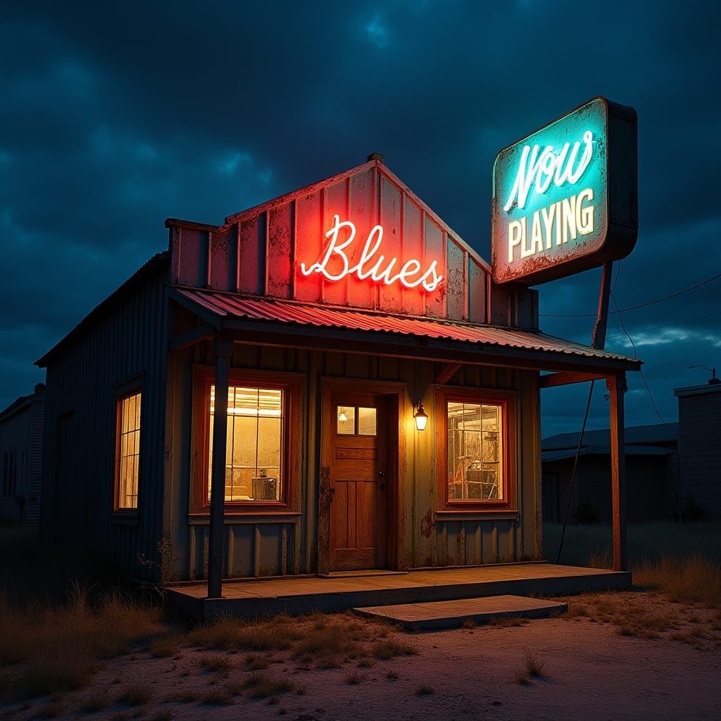 Vintage Blues Juke Joint Under Neon Night Sky