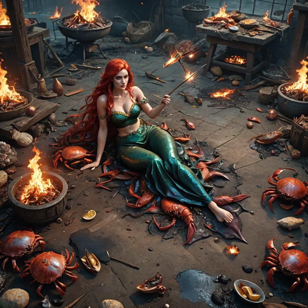 Horror Mermaid Roast: Detailed Matte Painting