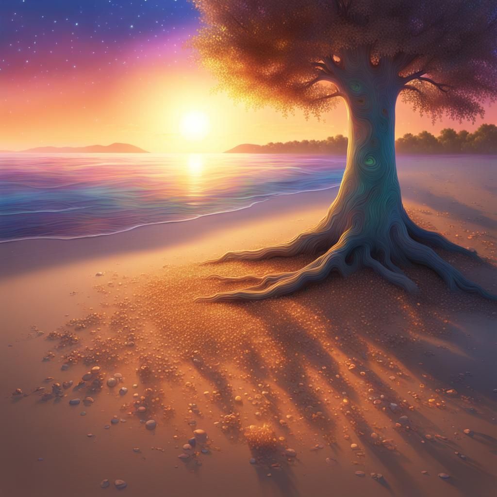 Bioluminescent Sunset Beach with Glowing Sand