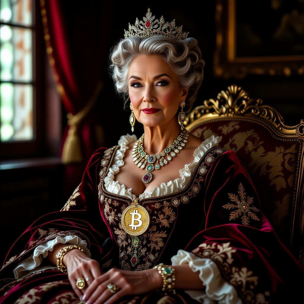 Regal Woman in Baroque Gown with Subtle Bitcoin Symbol