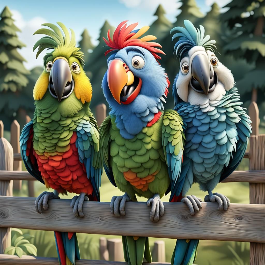 Whimsical 3D Caricature of Goofy Colorful Parrots