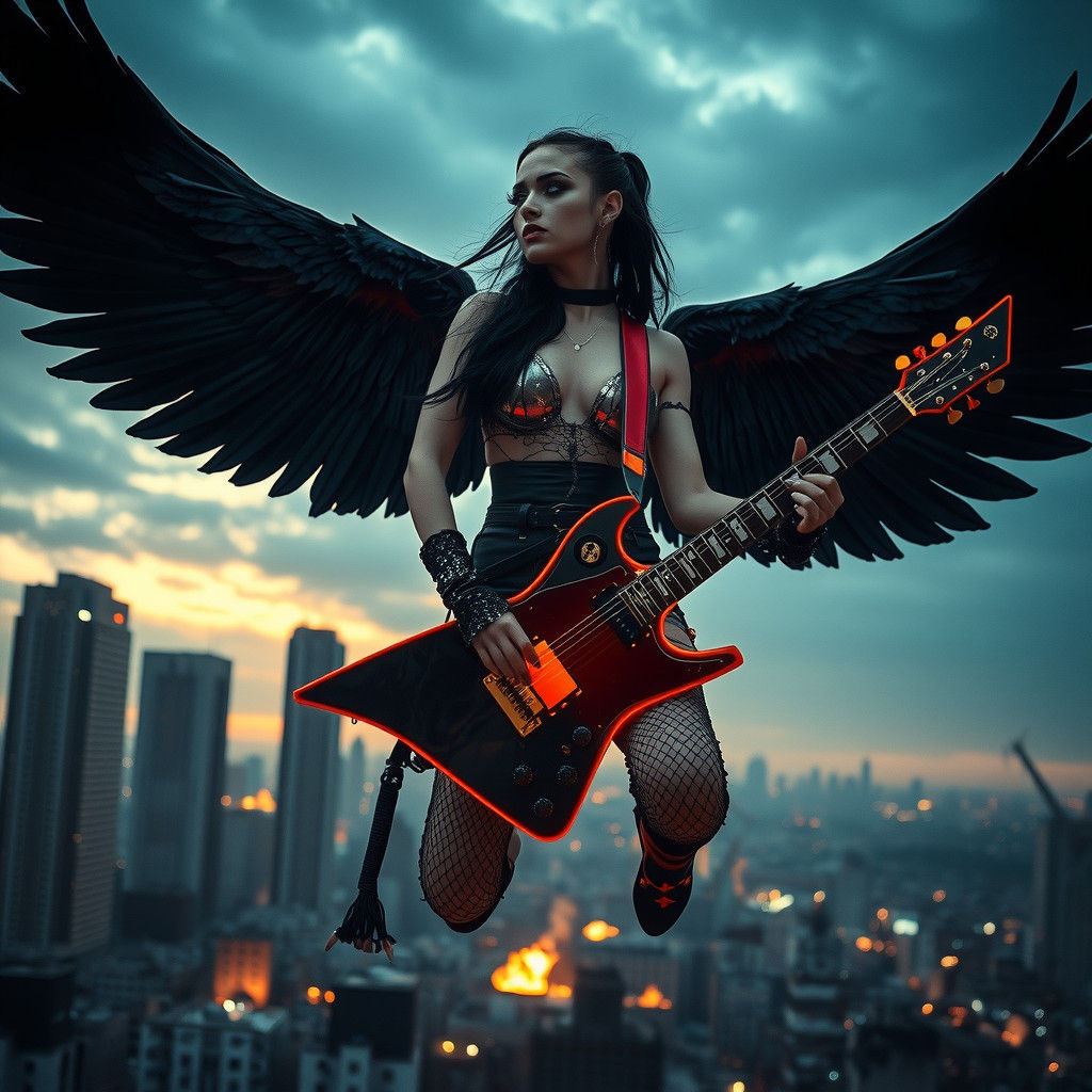 Edgy Rockstar Angel in Apocalyptic Cityscape