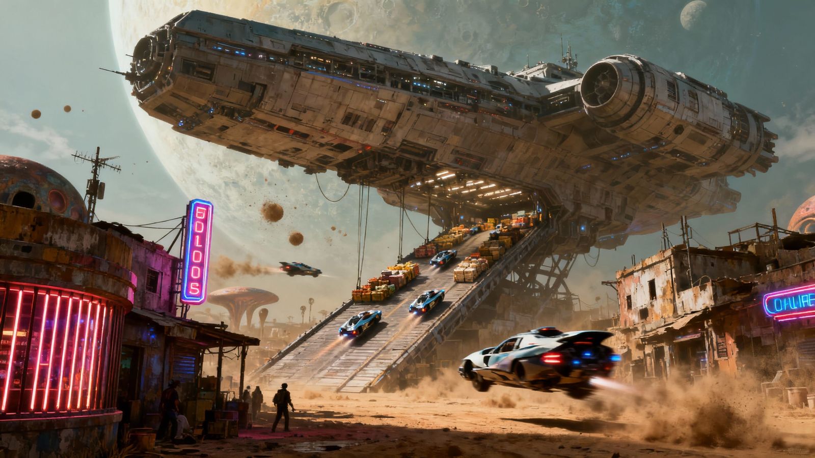 Massive Spaceship Delivers Supplies to Alien Town