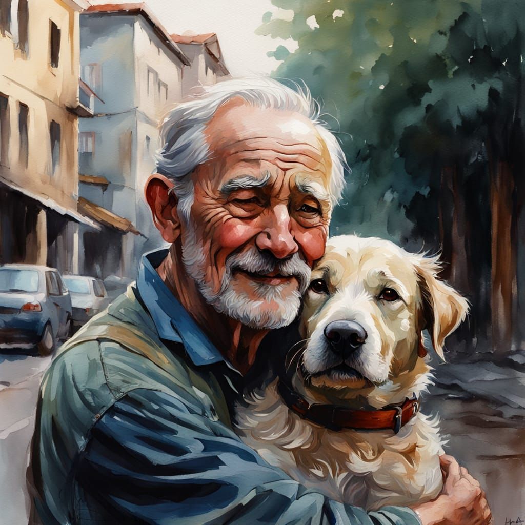Happy Old Man Embracing a Loyal Companion in a Hyper-Realist...