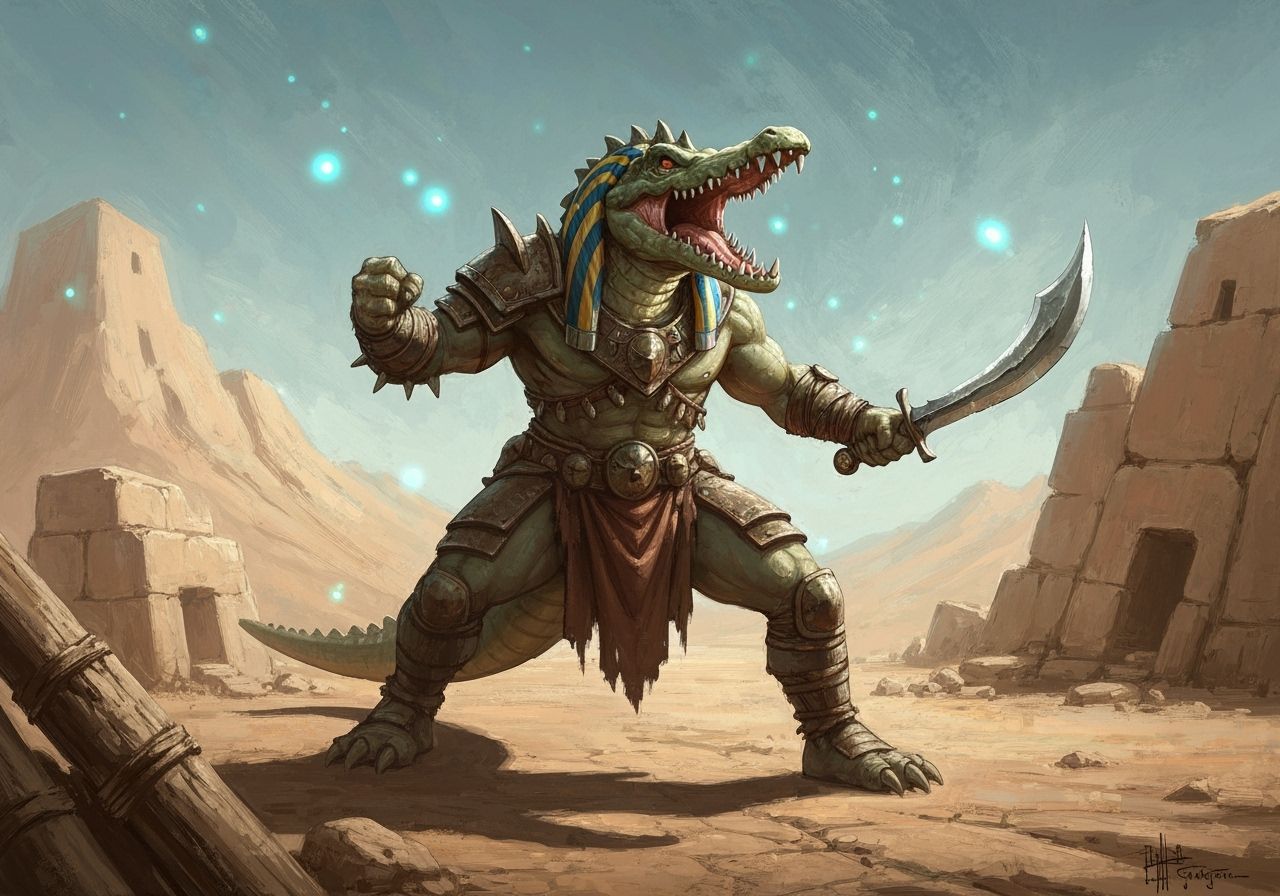 Crocodile Warrior in Desert Ruins, Fantasycore Style
