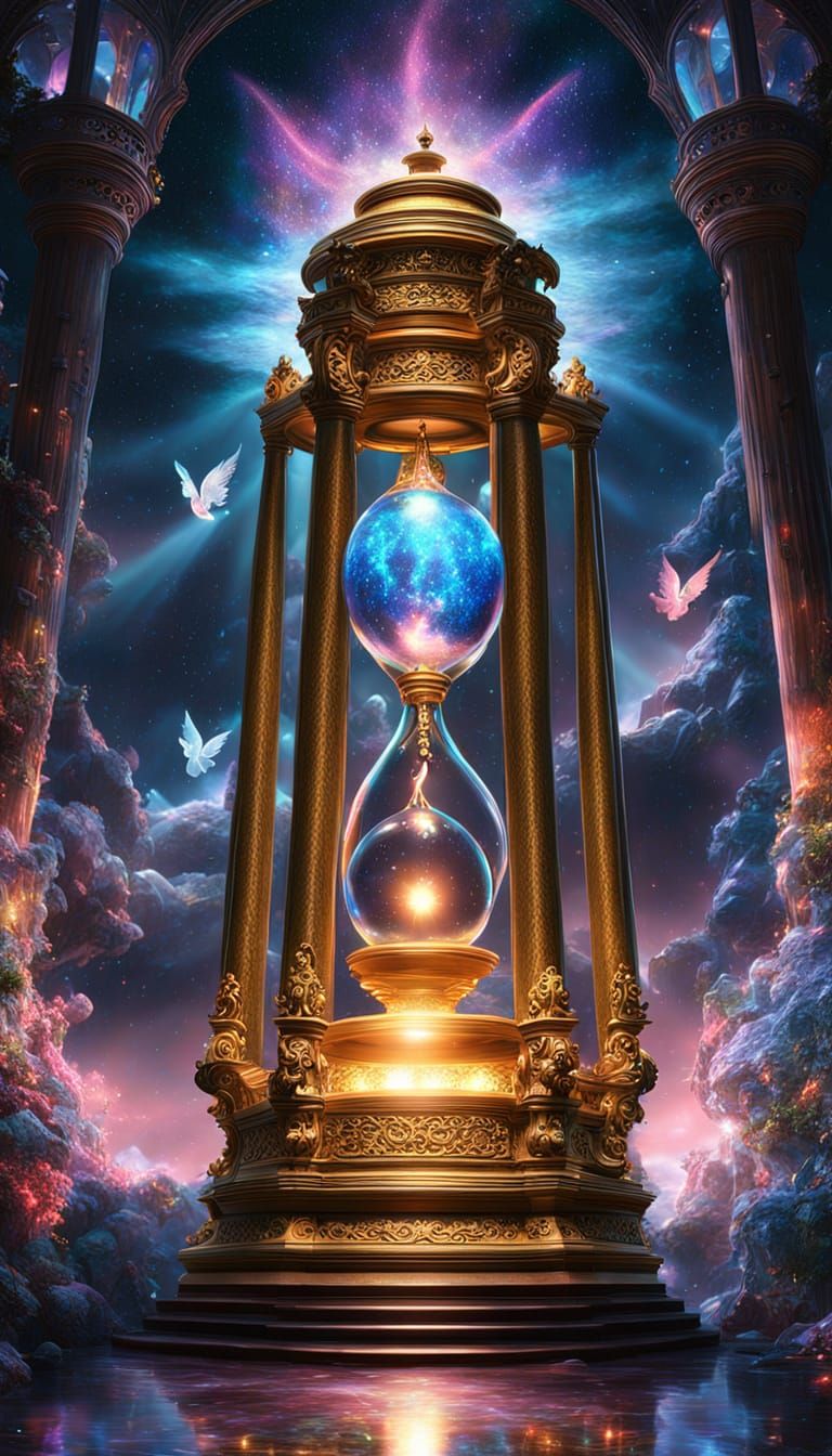 Surreal Cosmic Hourglass in Vibrant, Glowing Mist