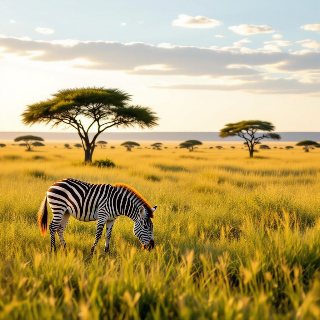 Hyperrealistic Zebra Grazing in Golden Hour African Savanna