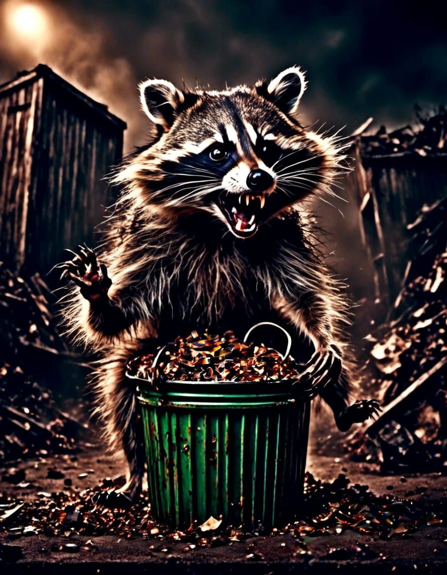 Ferocious Raccoon Lunging From Garbage Can