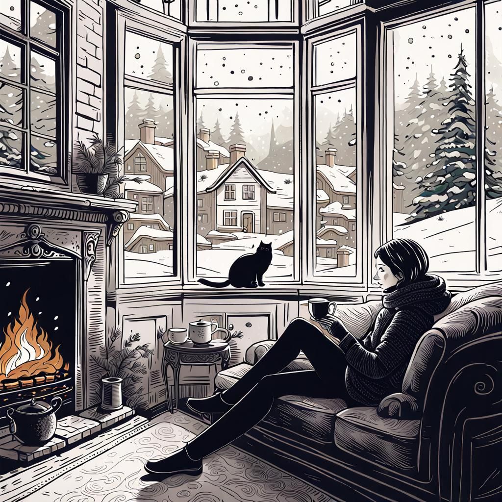 Cozy Winter Evening: Woman and Cat in Monochromatic Illustra...