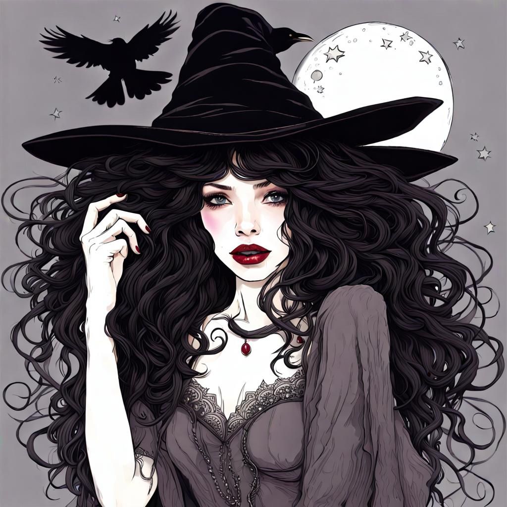 Cinematic Witch with Raven Hair and Ruby Lips