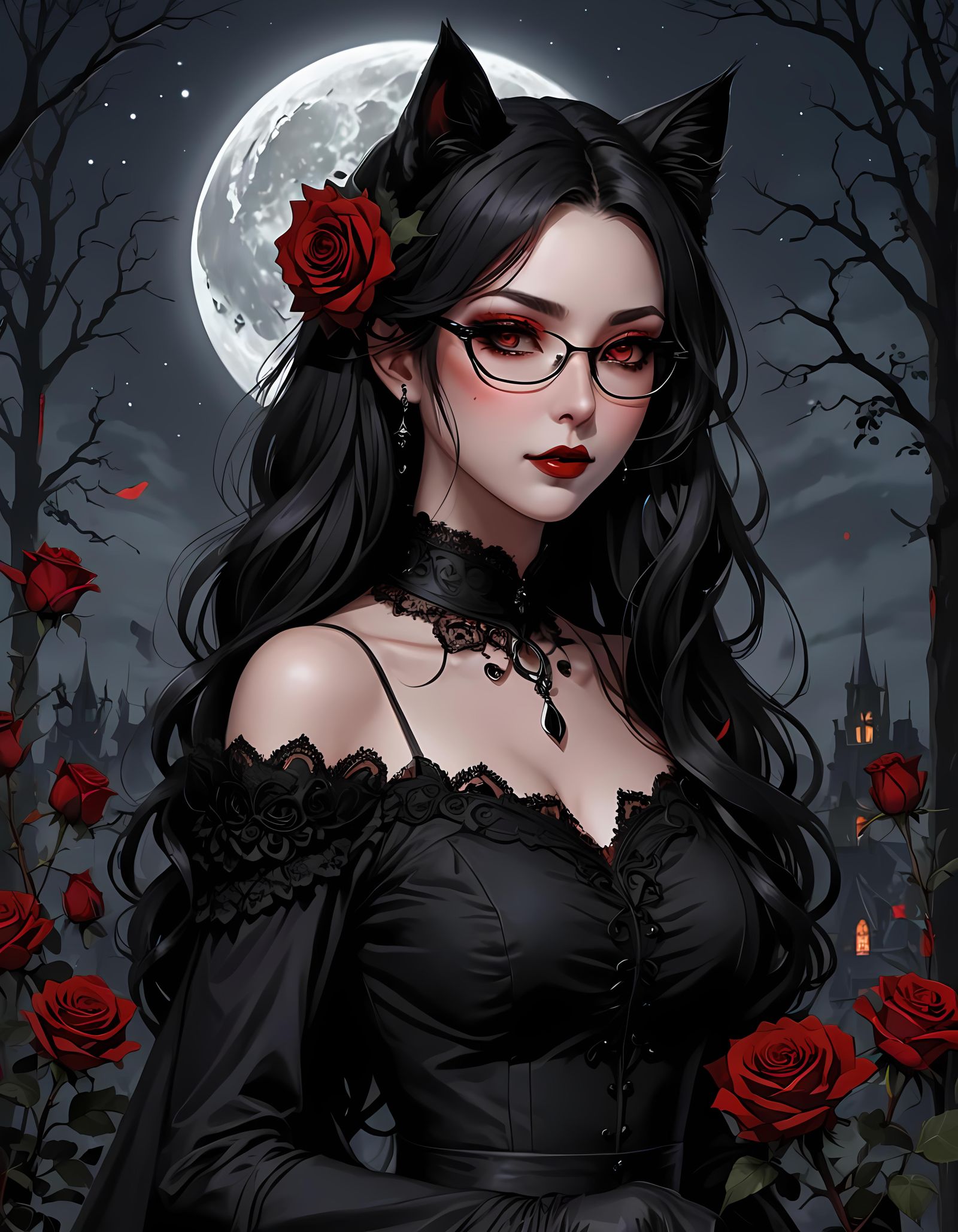 Gothic Anime Girl with Cat Features and Red Rose