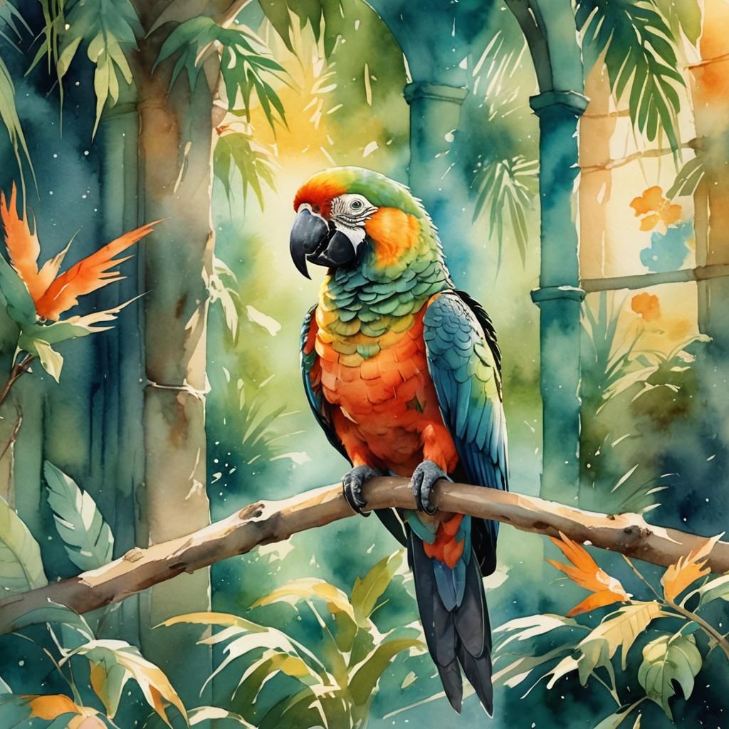 Parrot in Sunny Zoo: Watercolor Concept Art