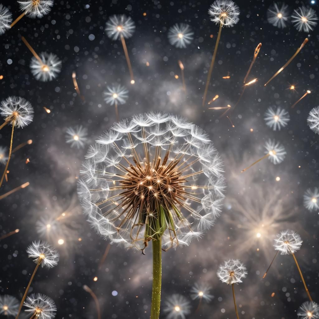 Dandelion Seeds Sparkle Like Stars in Space