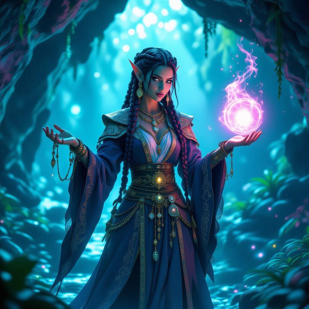 Dark Elf Sorceress Casting Spell in Bioluminescent Grotto