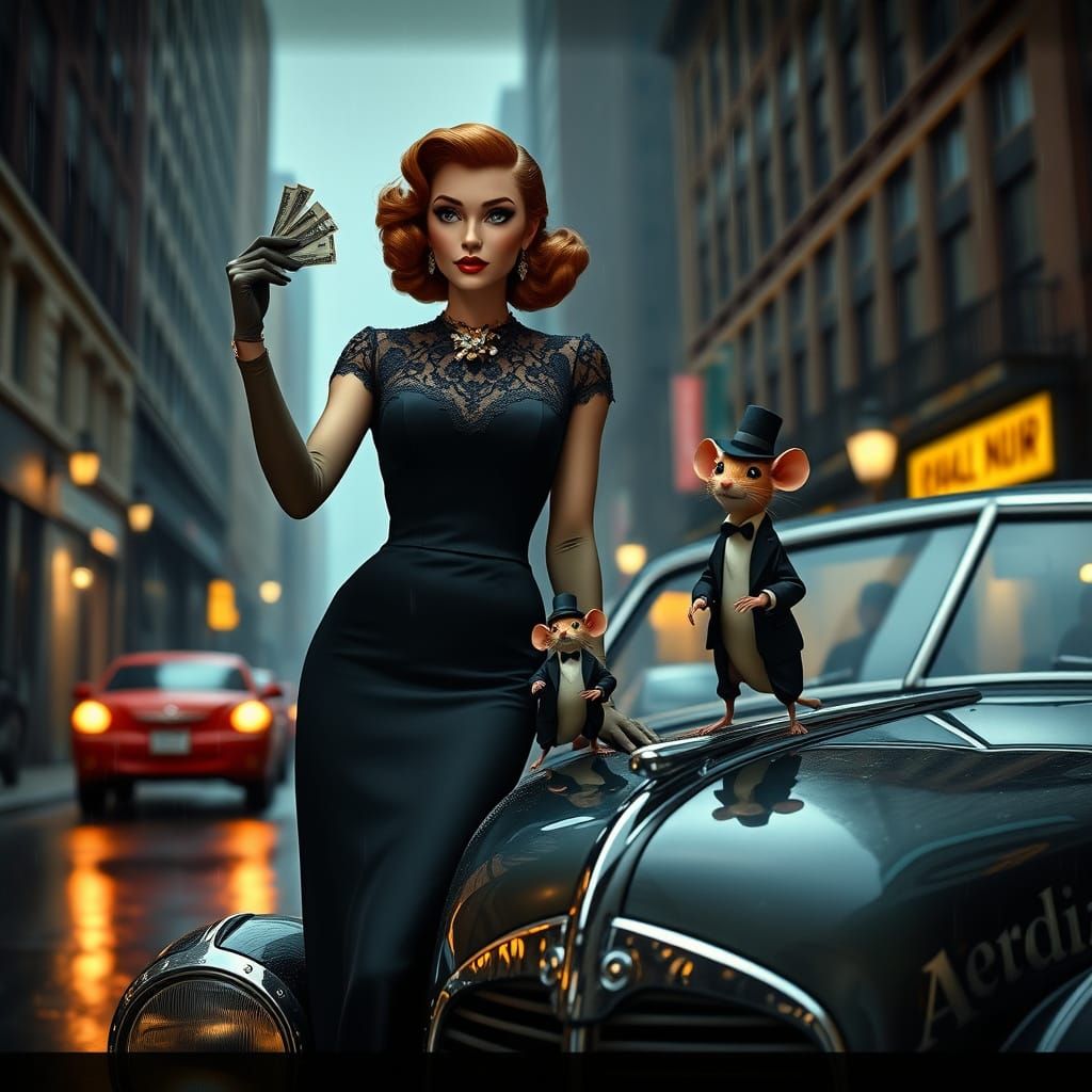 Elegant Woman Offers Dollars to Whimsical Mice in a 1940s Ch...