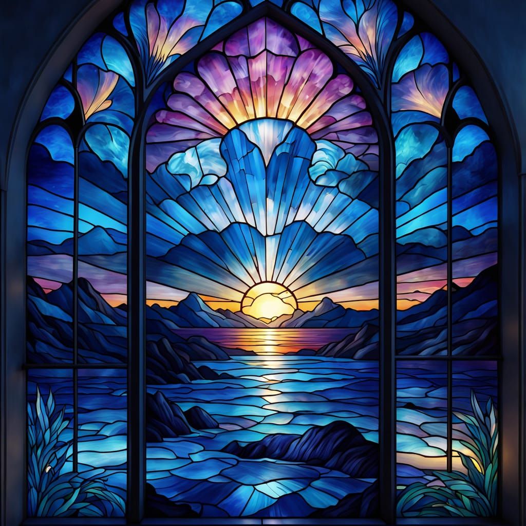 Vibrant Blue Stained Glass Sunset