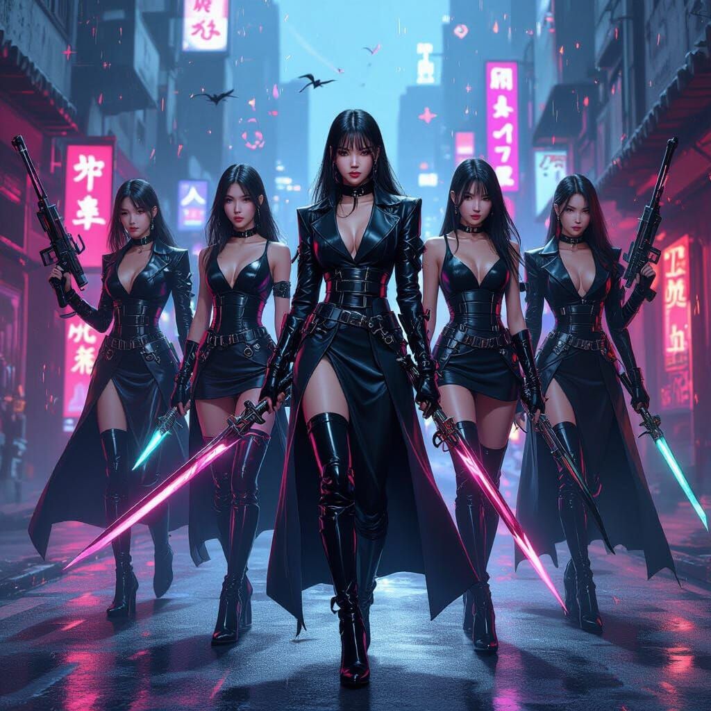 K-Pop Demon Hunters in a Neon Cityscape