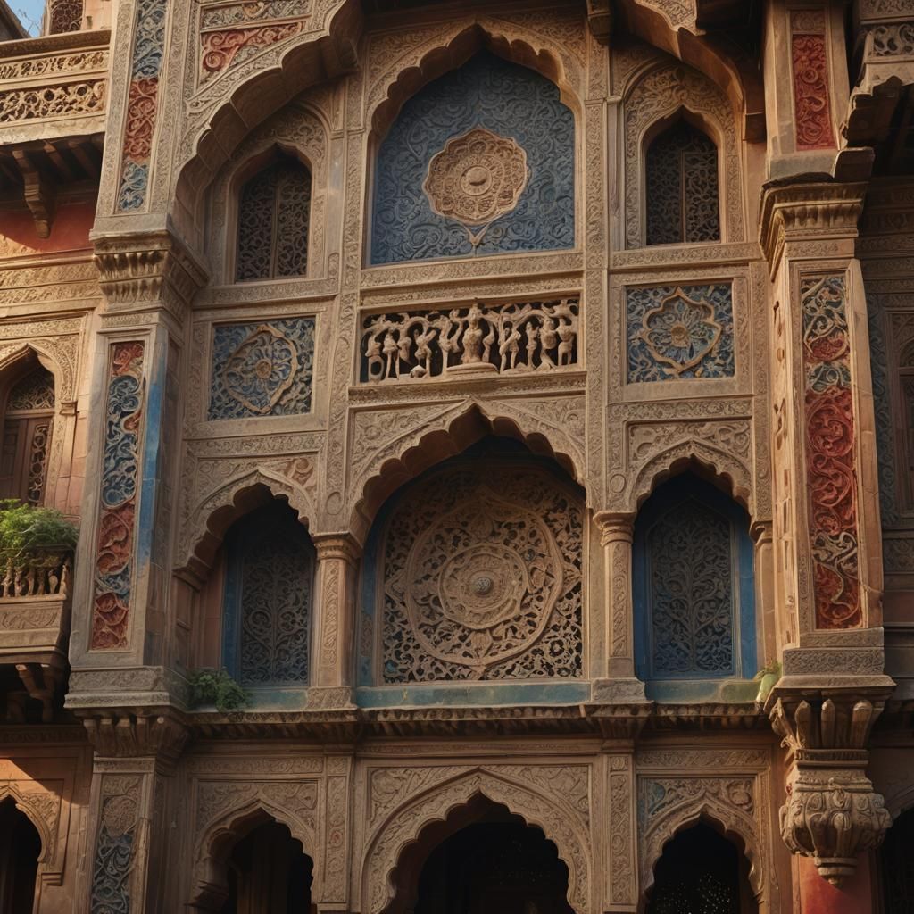 Indian Mughal architecture design of a wall with ancient tim...