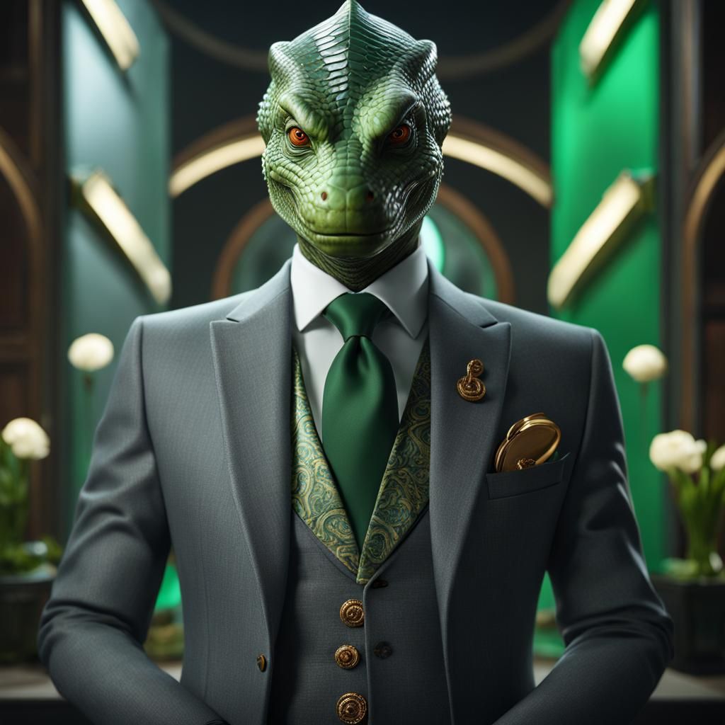 Reptilian Humanoid in Grey Suit: Hyperrealistic Portrait