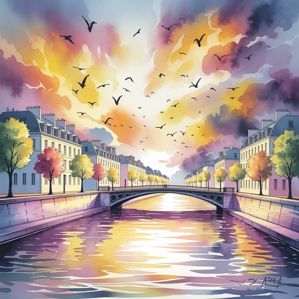 Whimsical Watercolor of Canal Saint-Martin at Sunset
