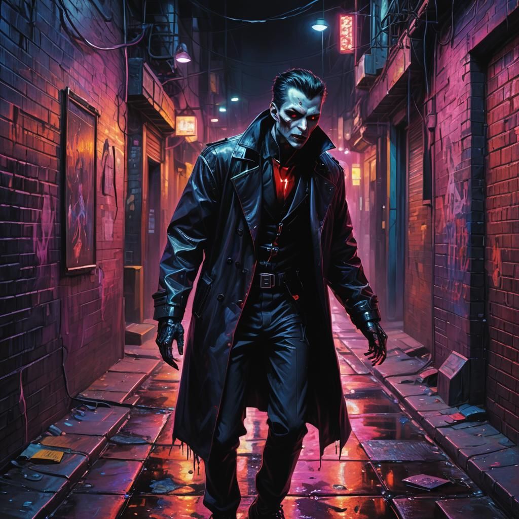 Synthwave Vampire Emerges: Cyberpunk Oil Painting