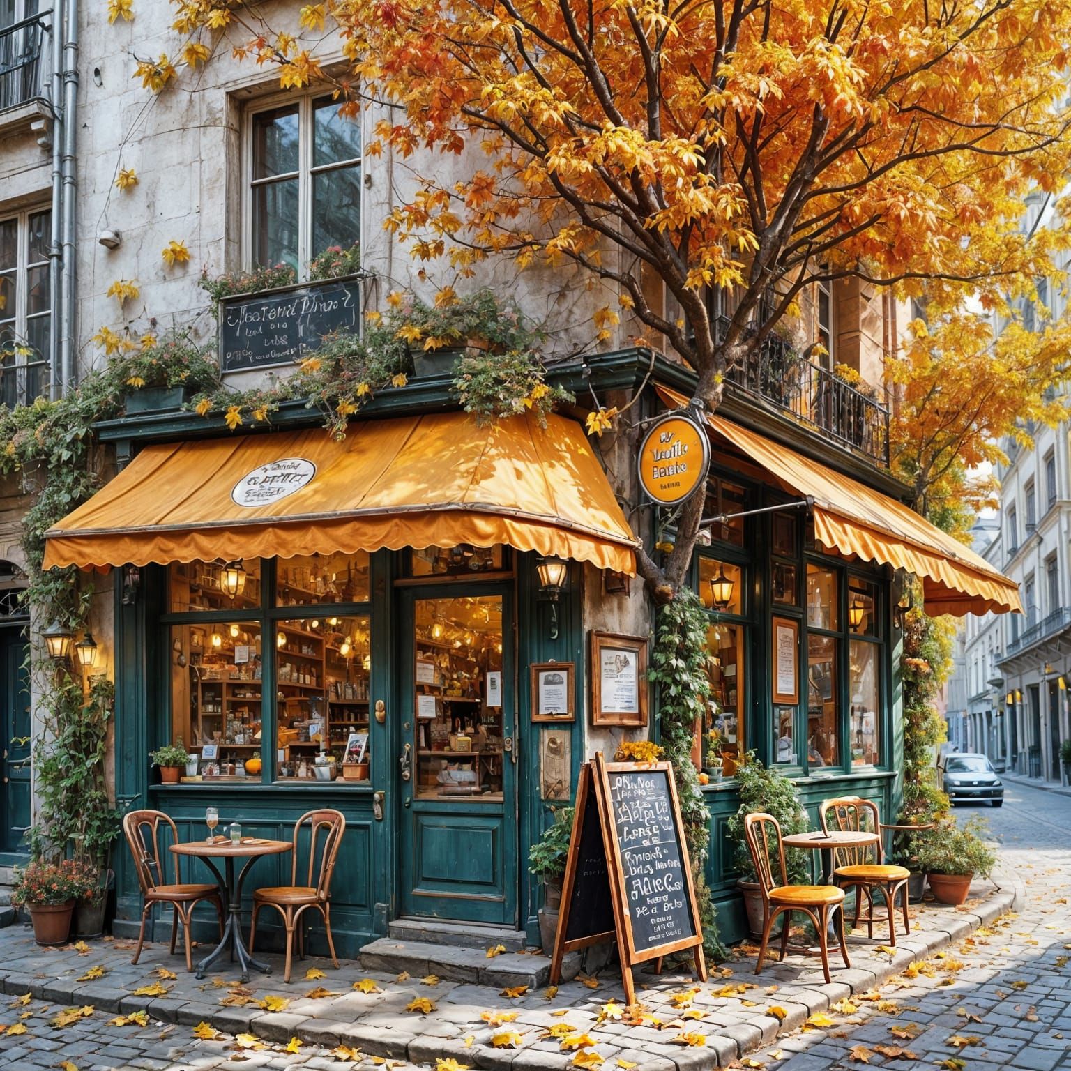 Autumnal Parisian Cafe on Cobblestone Street
