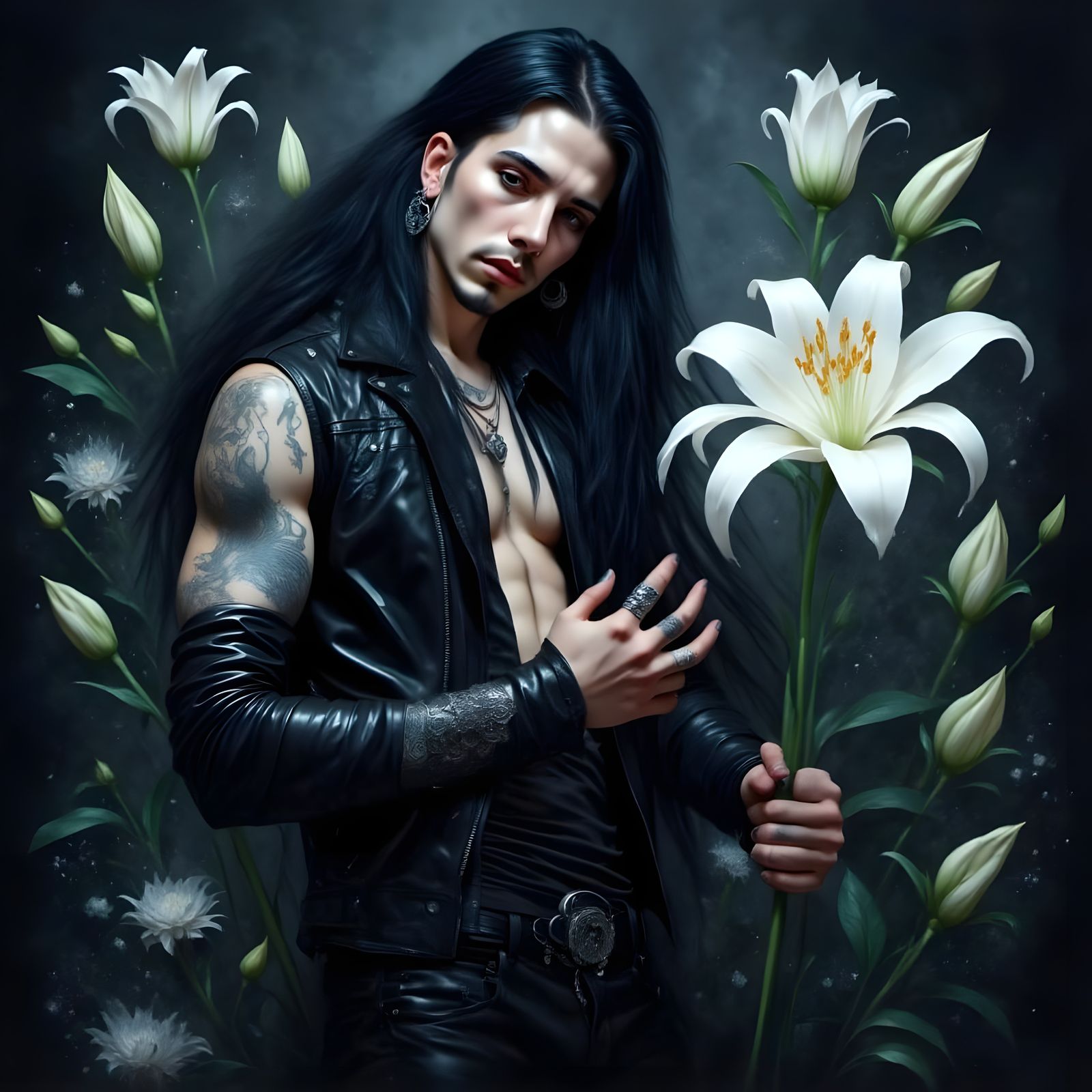 Ethereal Goth Man Embraces Metallic Lily in Dark Hazy Scene