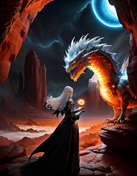 Sorceress Conjuring Dragon in Dramatic Digital Painting