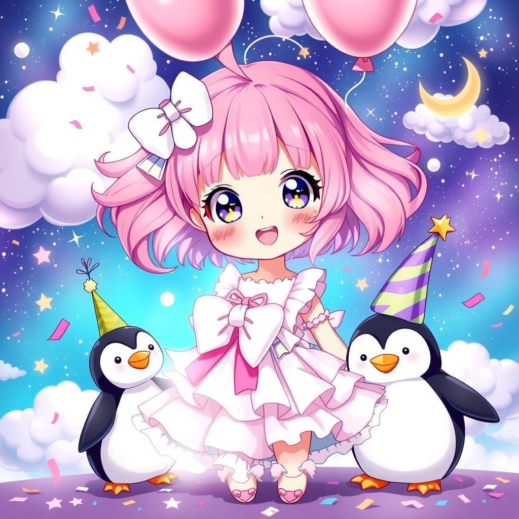 Sweet Anime Girl Celebrates Birthday with Happy Penguin