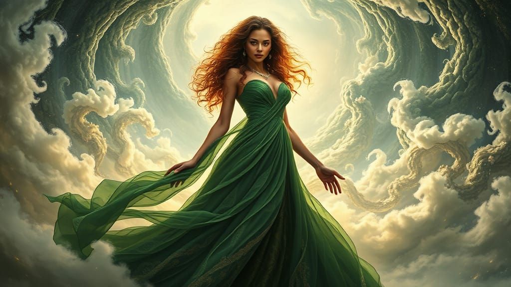 Enchanted Earth Goddess in Emerald Gown, Surrealist Art