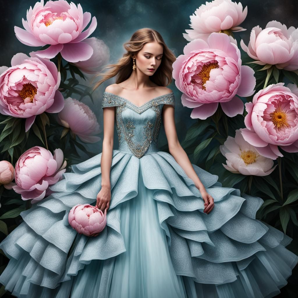 Romantic Embrace Surrounded by Peonies