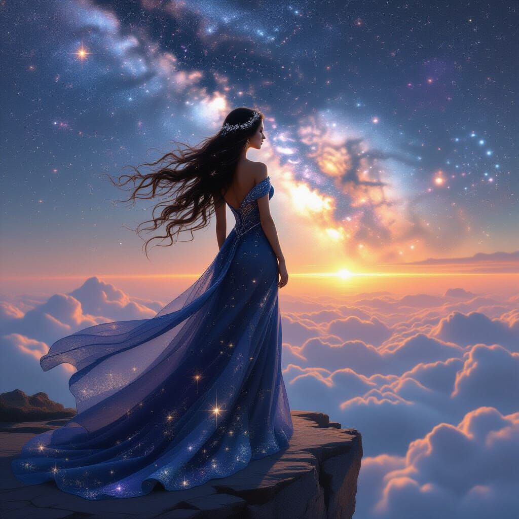 A cosmic woman with long, flowing dark hair adorned with sta...