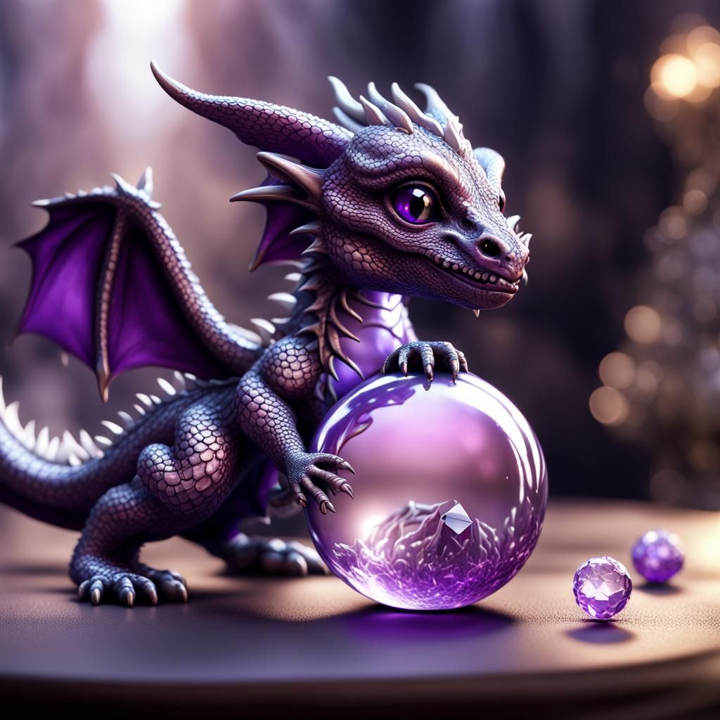Purple and Silver Baby Dragon with Crystal Ball