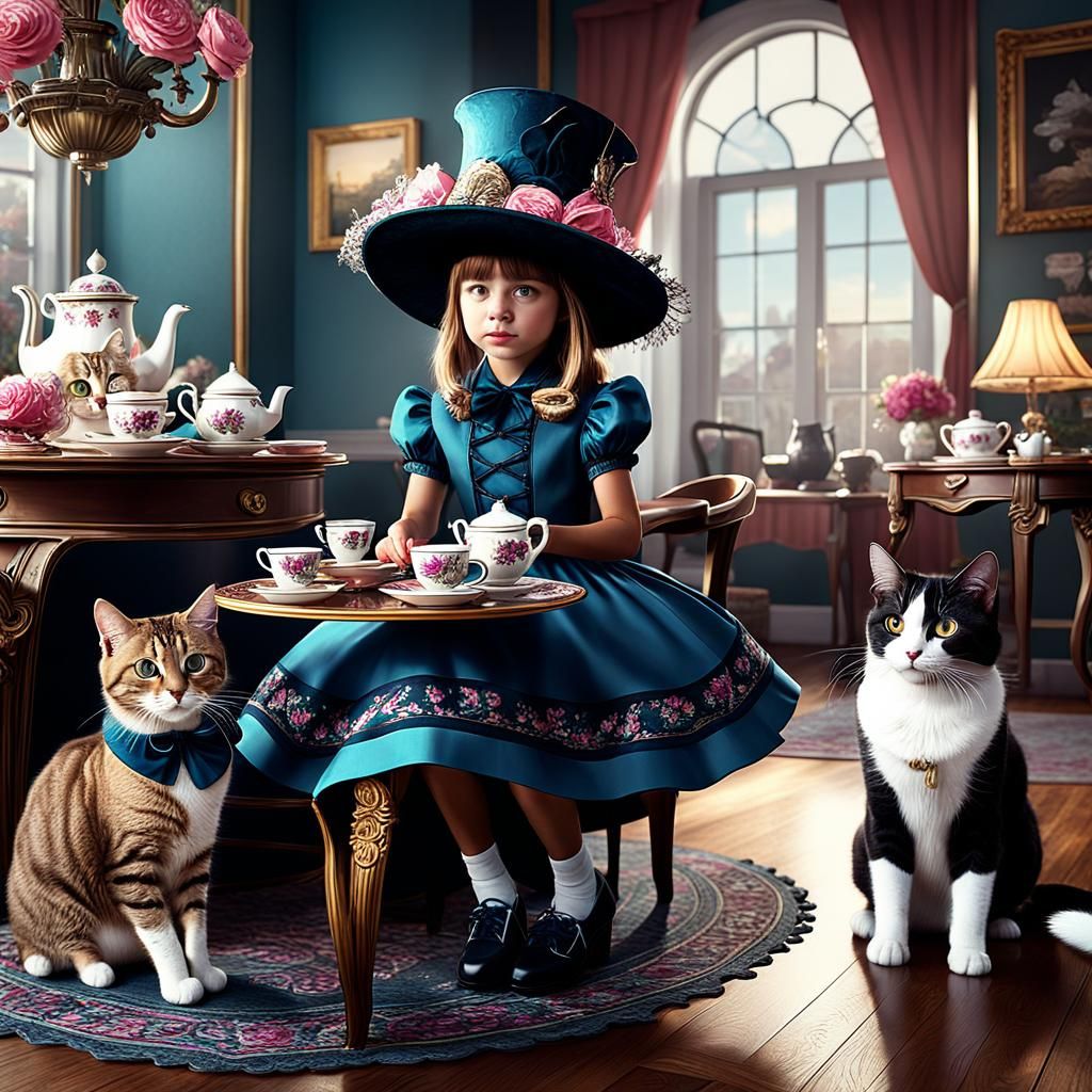 Girl's Tea Party with Cats: Detailed Digital Art