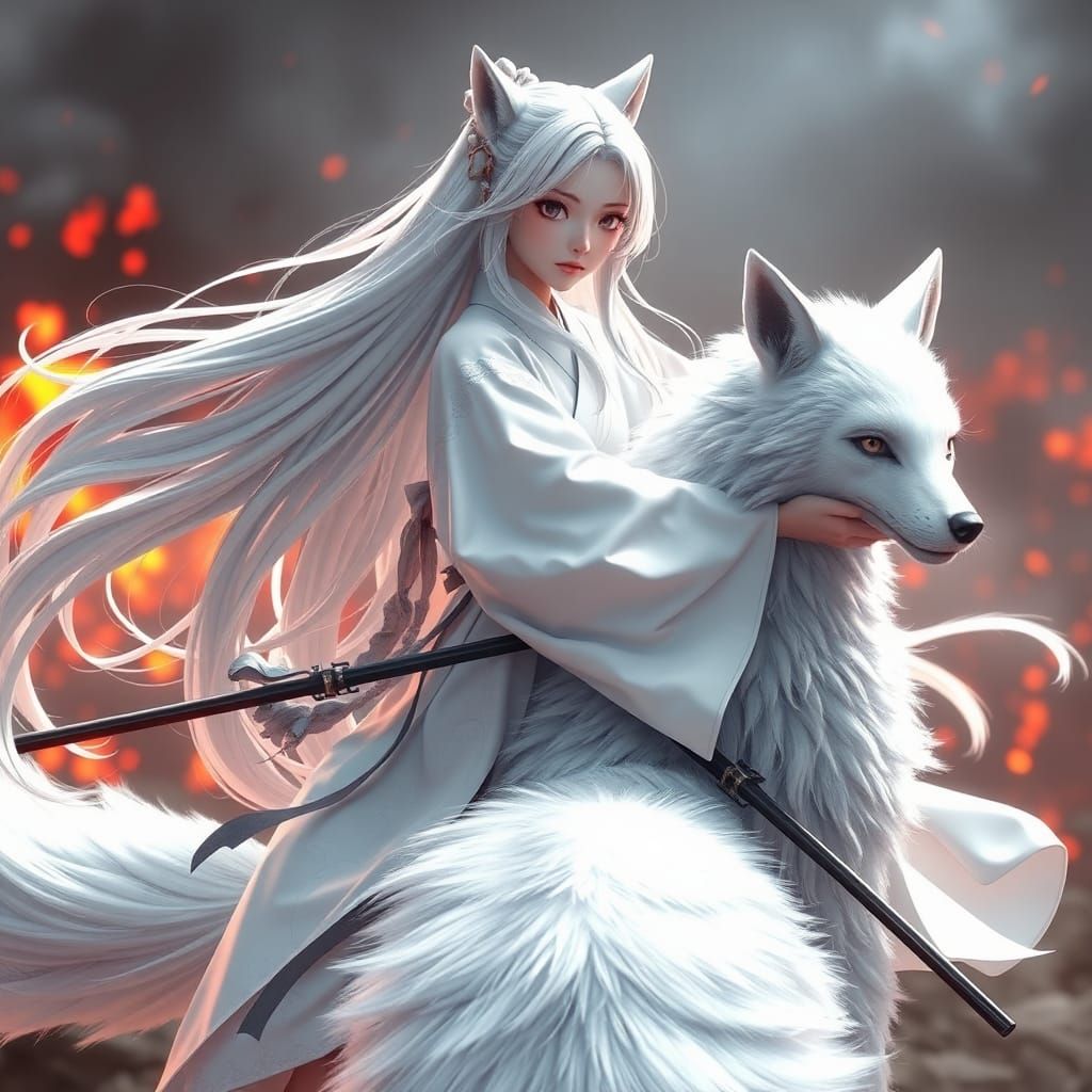 Japanese Girl Rides White Fox in Inferno Battlefield