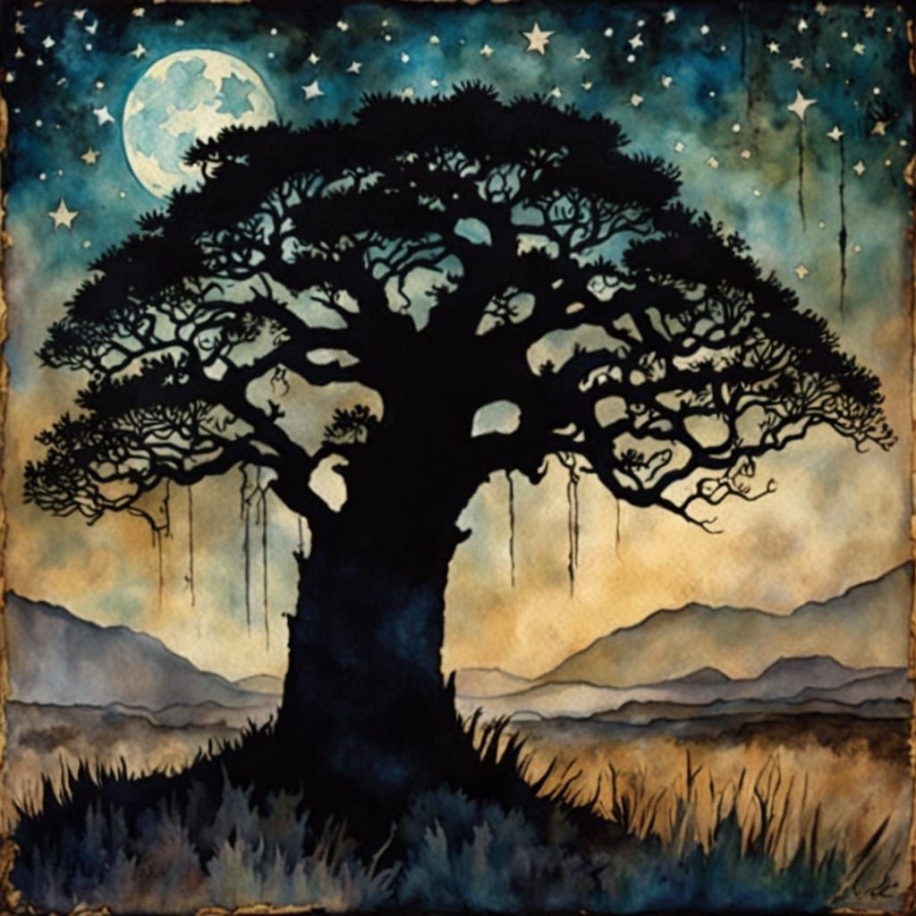 Ethereal Baobab Tree in Haunted African Landscape