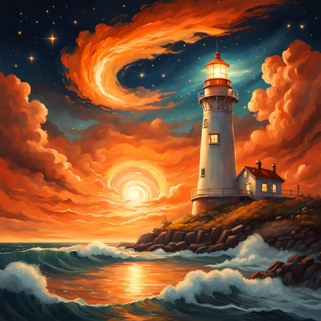Lighthouse Under Orange Starry Sky: Surreal Oil Painting