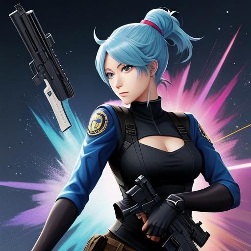 Anime Spy with Blue Ponytail and Gun