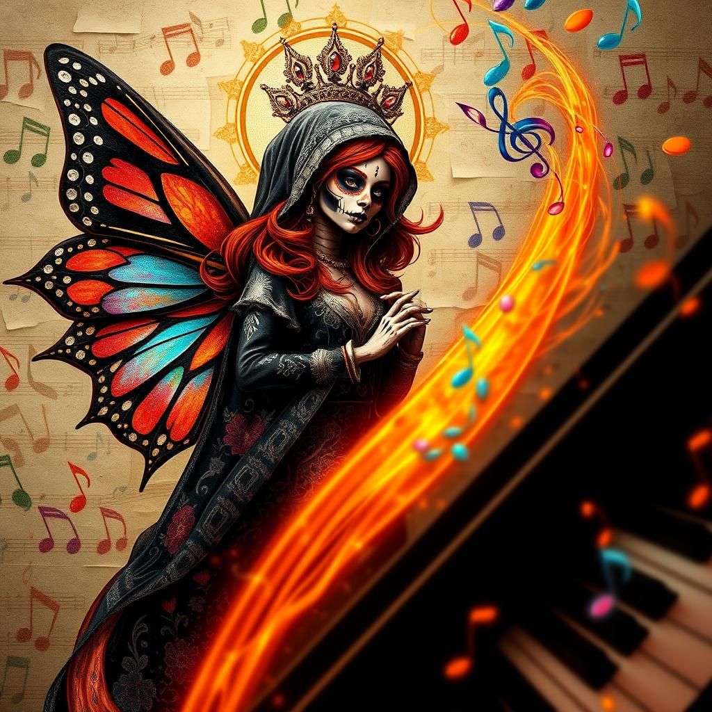 Hyper realism Santa Muerte Holy Death Angel surrounded by Vibrant musical notes , whimsical jazz scene, 8k resolutio...