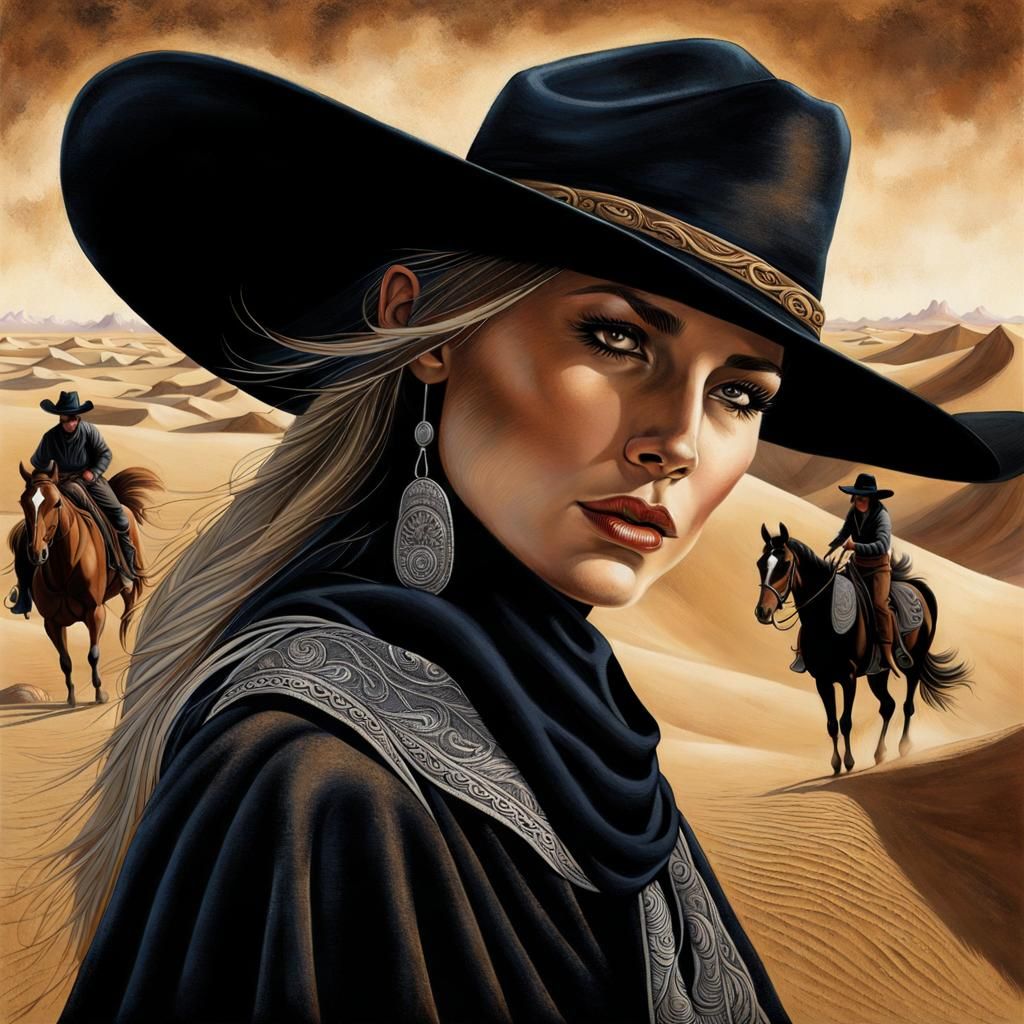 Mysterious Cowgirl in Western Town Scene