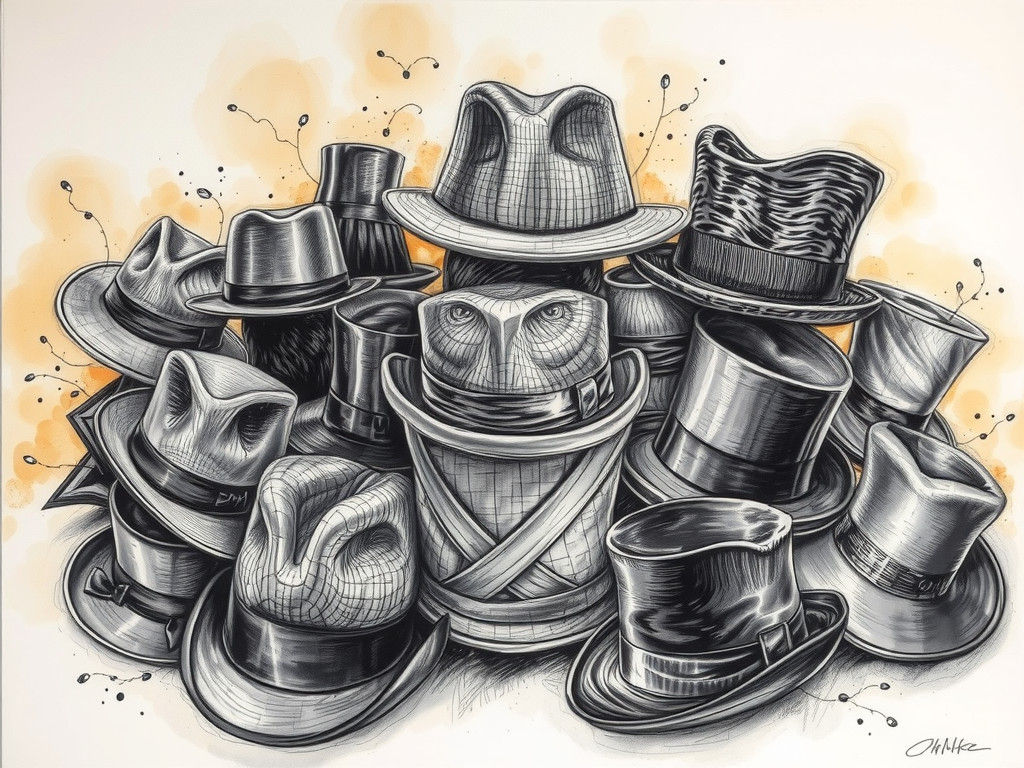 Detailed Charcoal Drawing of Whimsical Hat Arrangement