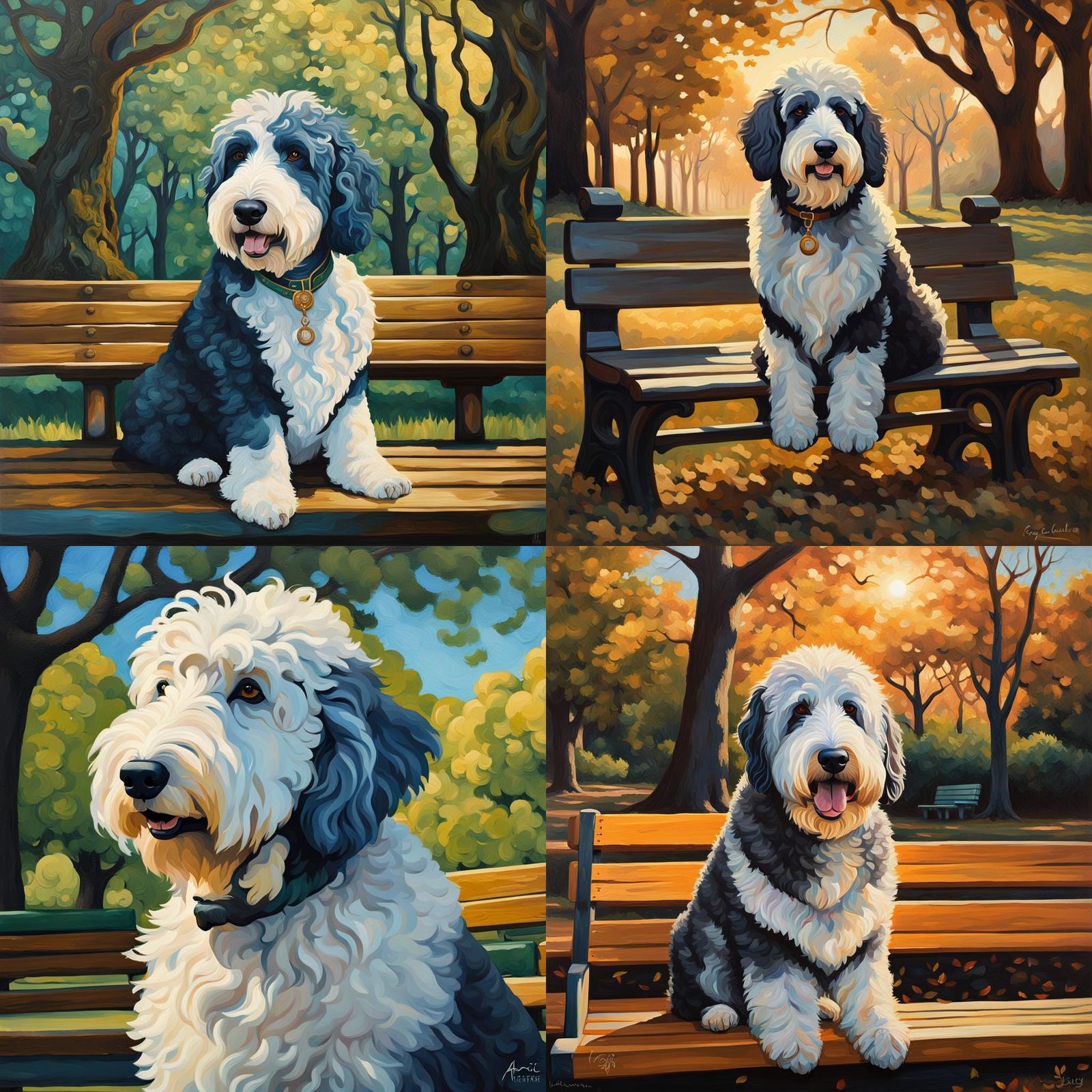 Sheepadoodle Portrait in Park, Oil Painting Style