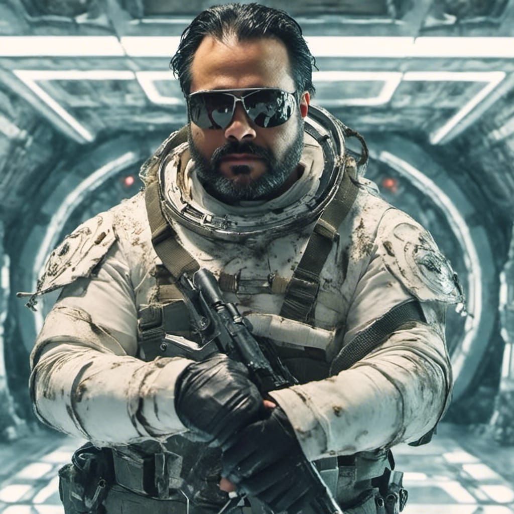 Futuristic Warrior in Spaceship with Blaster Rifle