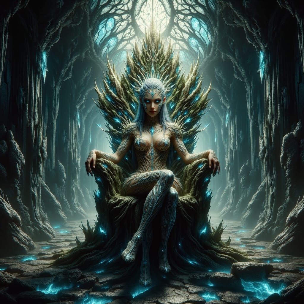 Regal Queen on Crystal Root Throne in Elven Sanctuary