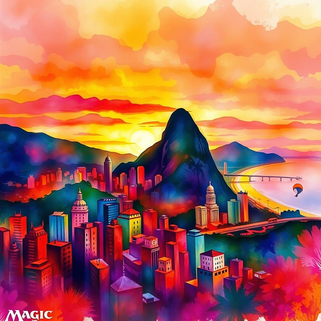 Vibrant Rio de Janeiro Cityscape in Dreamy Alcohol Ink Art
