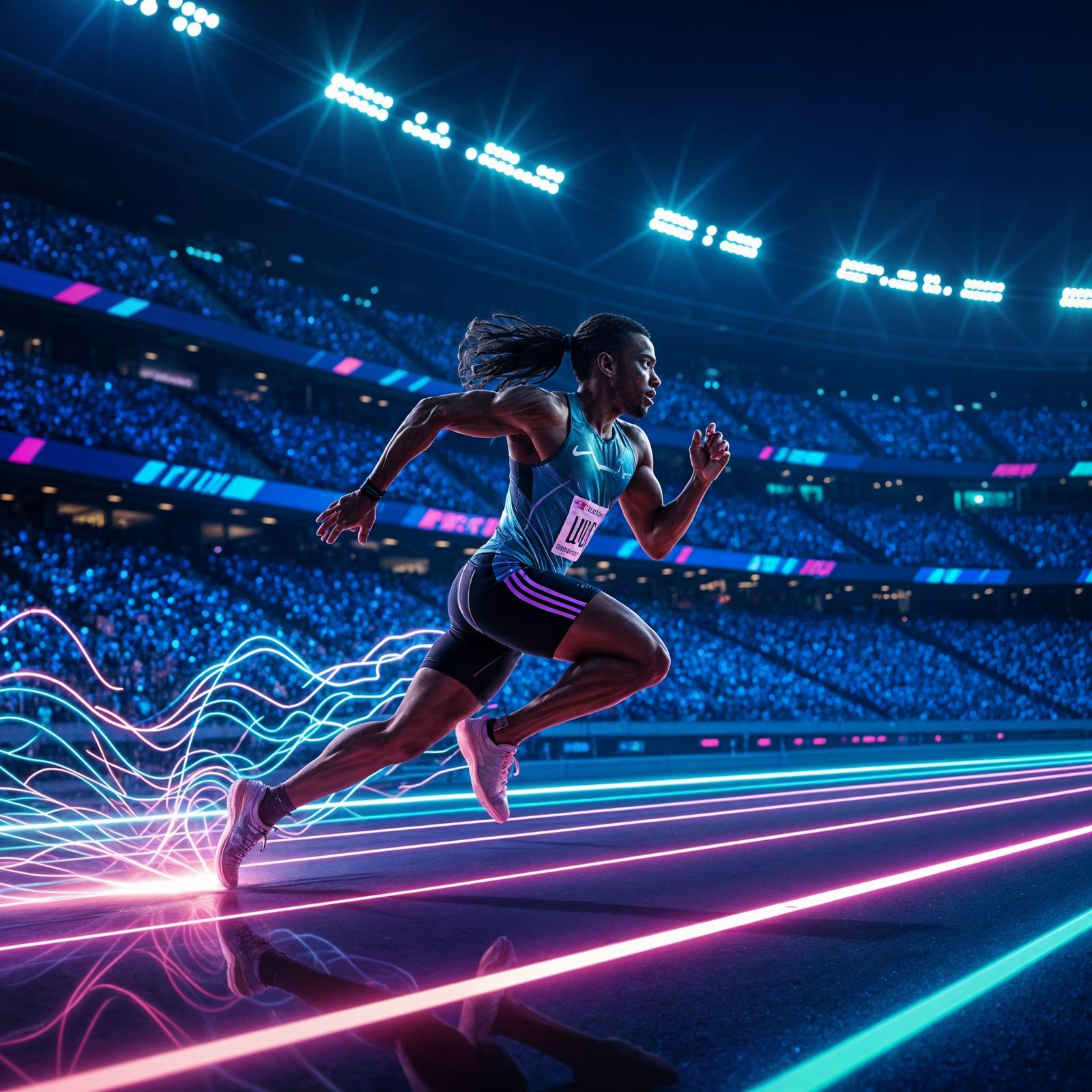 Athlete Runs on Neon Track in Futuristic City at Night