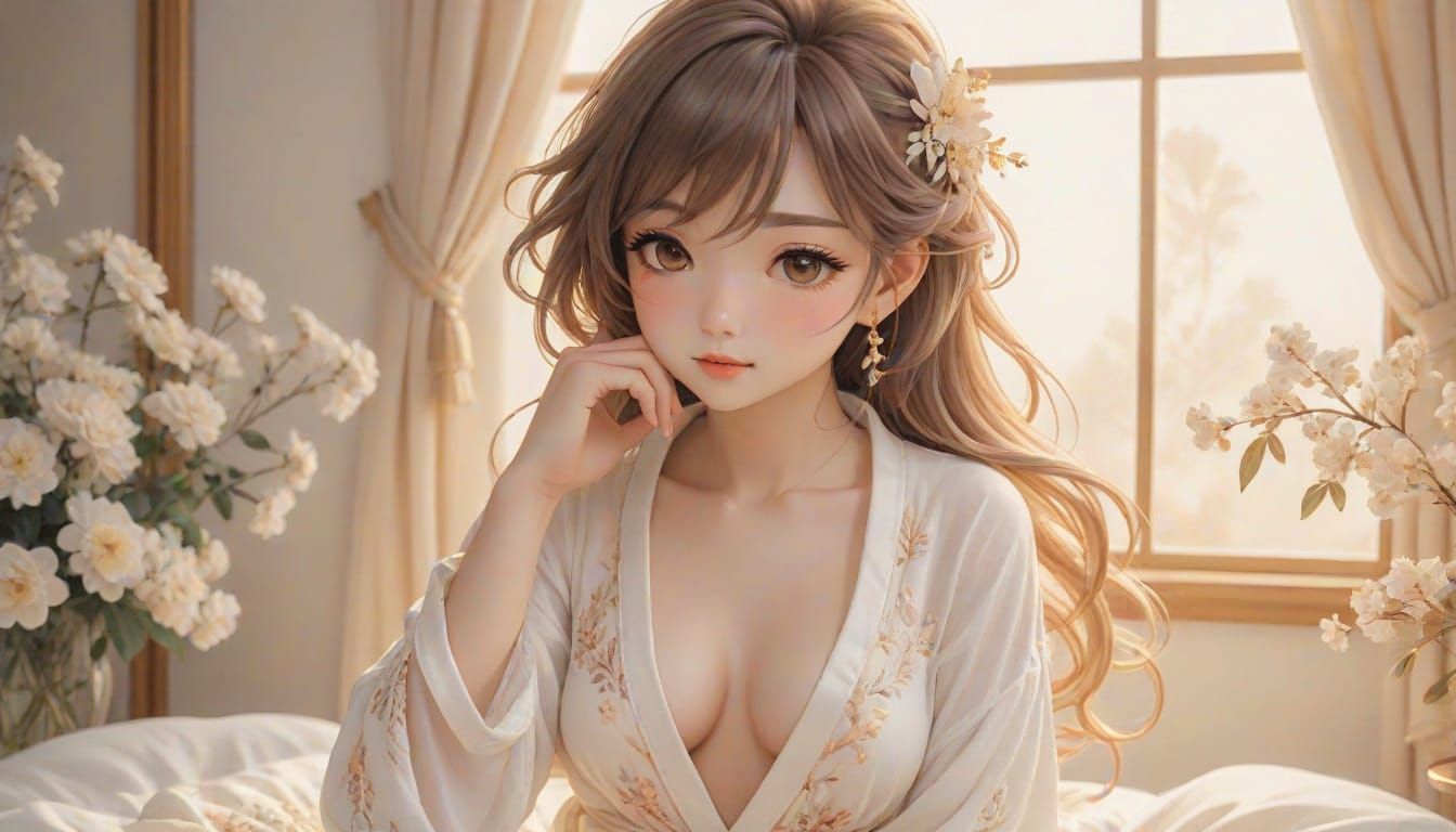 Full body view of a beautiful chibi anime babe, with sun-kissed tan skin and long blonde hair.  She is sitting and has a...