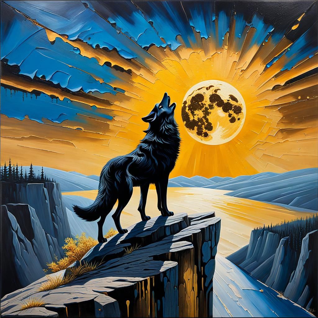 Pointillist Wolf Howling at Moon, Oil Painting