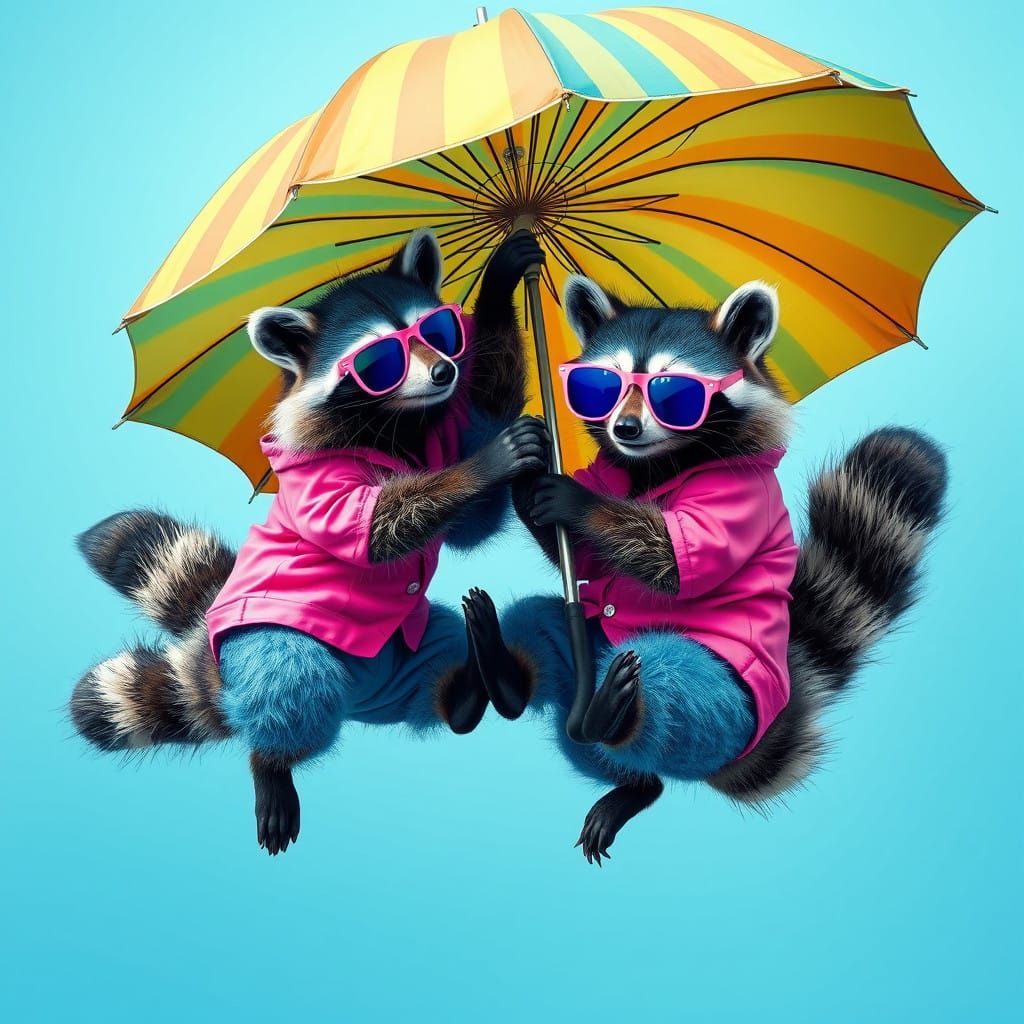Electric Blue Racoon Duels with Hot Pink Opponent in Mid-Air