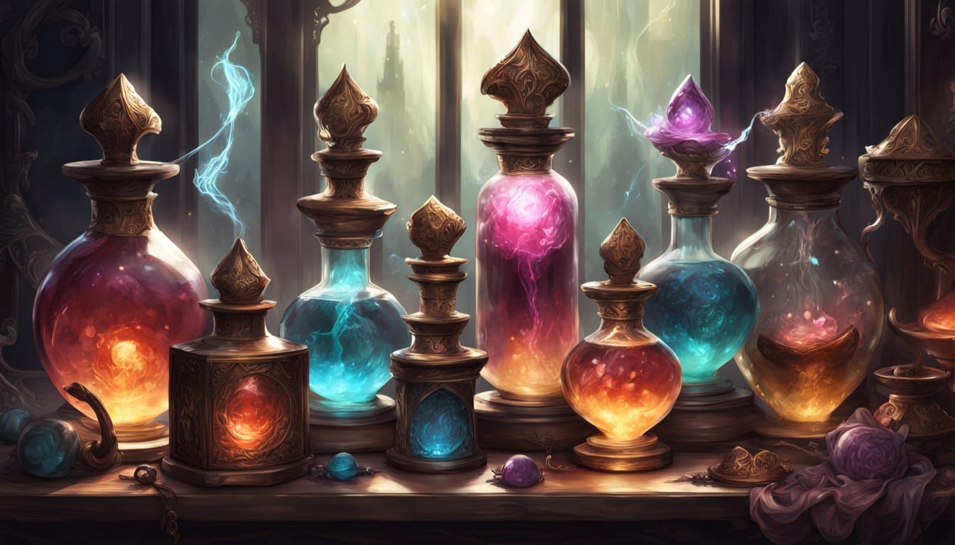 Magical Potions on Wooden Shelf, Fantasy Alchemy Art